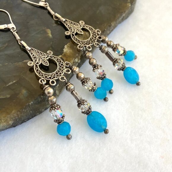 Sterling Silver 925 Blue Glass Beaded Filigree Fringe Chandelier Dangle Earrings - Picture 3 of 15